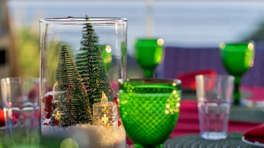 Festive table setting with decorations.