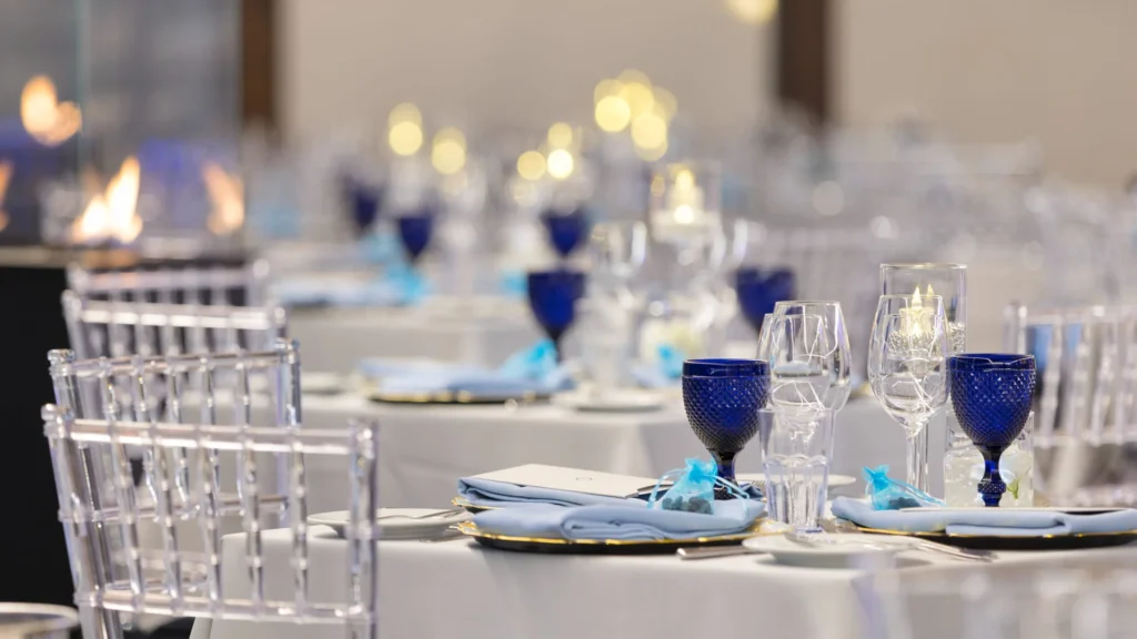 Elegant tables set for celebration.