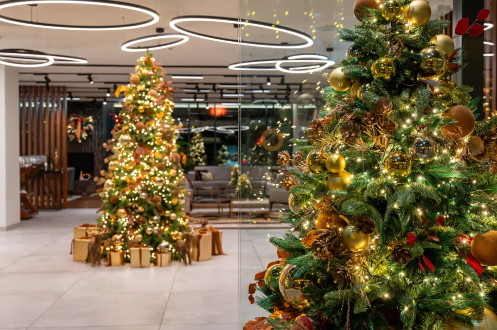 Festive Christmas trees with decorations in Martinhal Lisbon Oriente