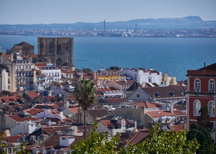 Scenic river view with city skyline.